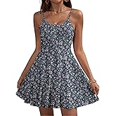 HOTOUCH Women's Summer Dress Adjustable Spaghetti Strap Floral Mini Casual Dress with Pockets Fit & Flare Beach Sundress