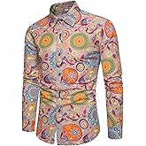 QZH.DUAO Mens 70s Disco Linen Shirts Casual Paisley Tops Floral Vintage Long Sleeve Shirt