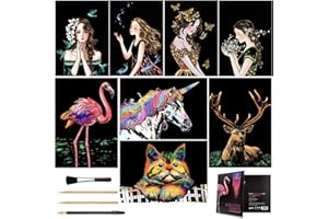 MeowHaus Scratch Art Rainbow Painting Paper (A4), Crafts Art Set 8 Sheets Scratchboard Engraving with Tools Women Hobbies, Adults Birthday Party Gift