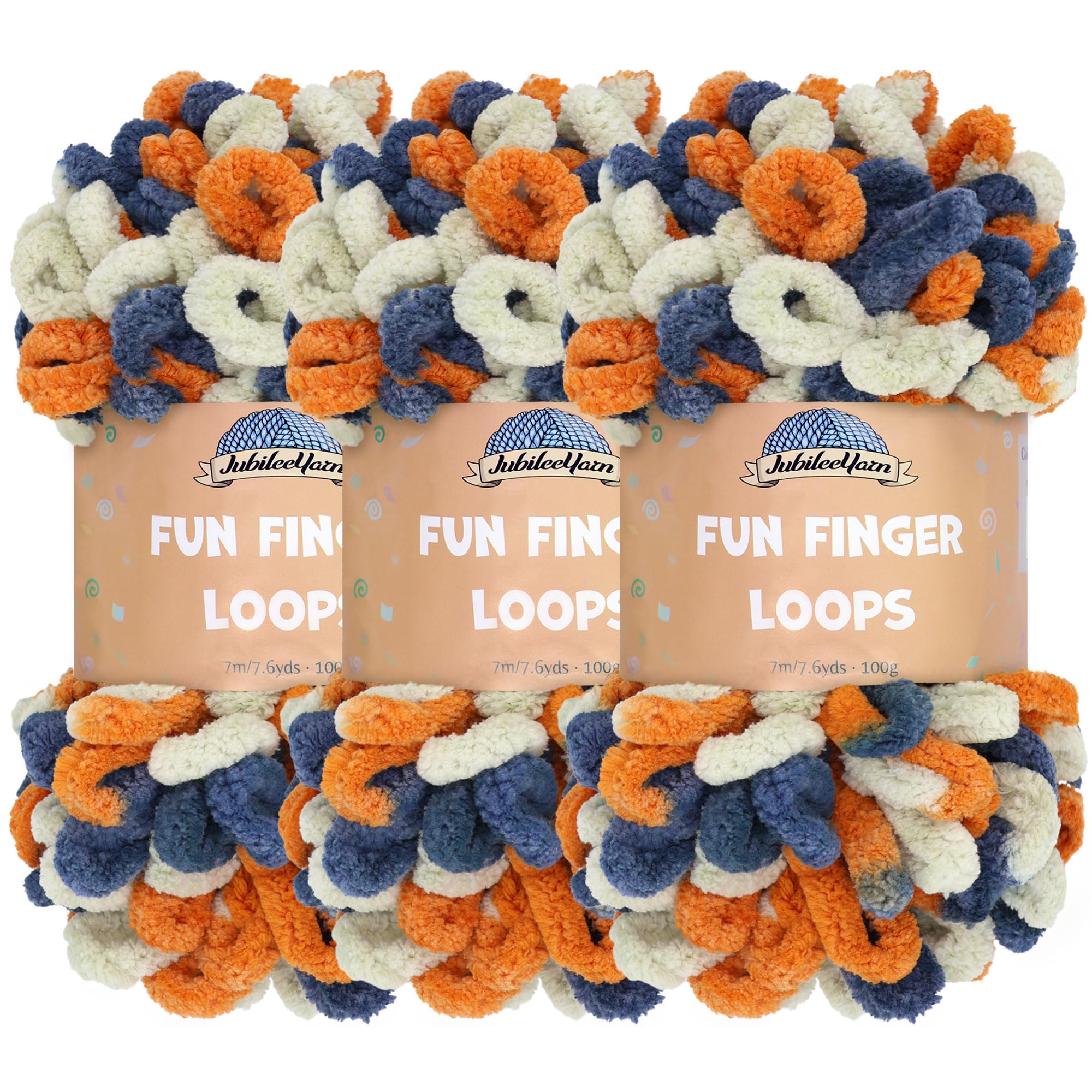 JubileeYarn Fun Finger Loops Yarn - Polyester Jumbo Weight Loop Yarn - 100g/Skein - Orange Navy Tan - 3 Skeins — image 1