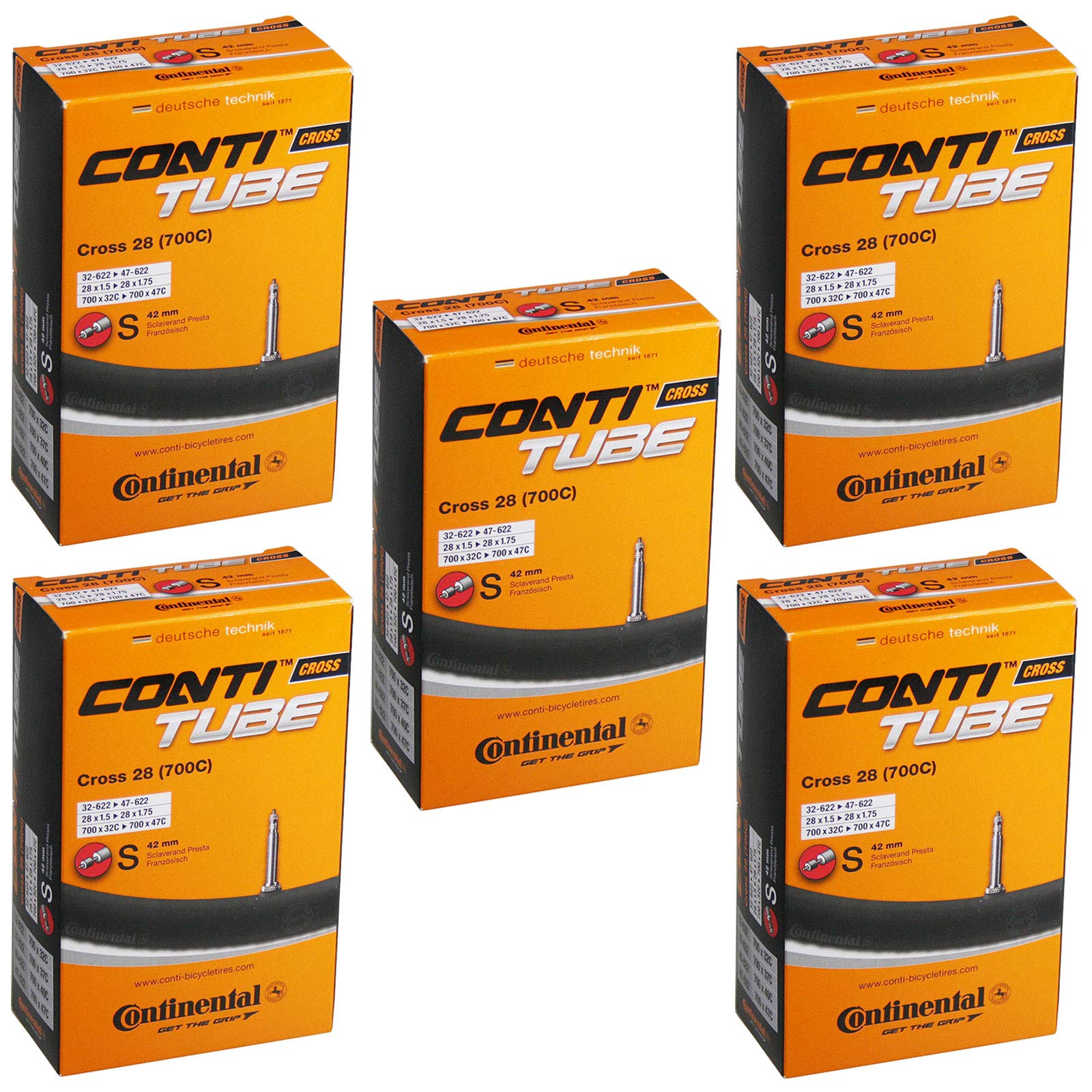 Continental Cross 28 700 x 32-42c Bike Inner Tubes - Presta 42mm Valve (Pack of 5), Black