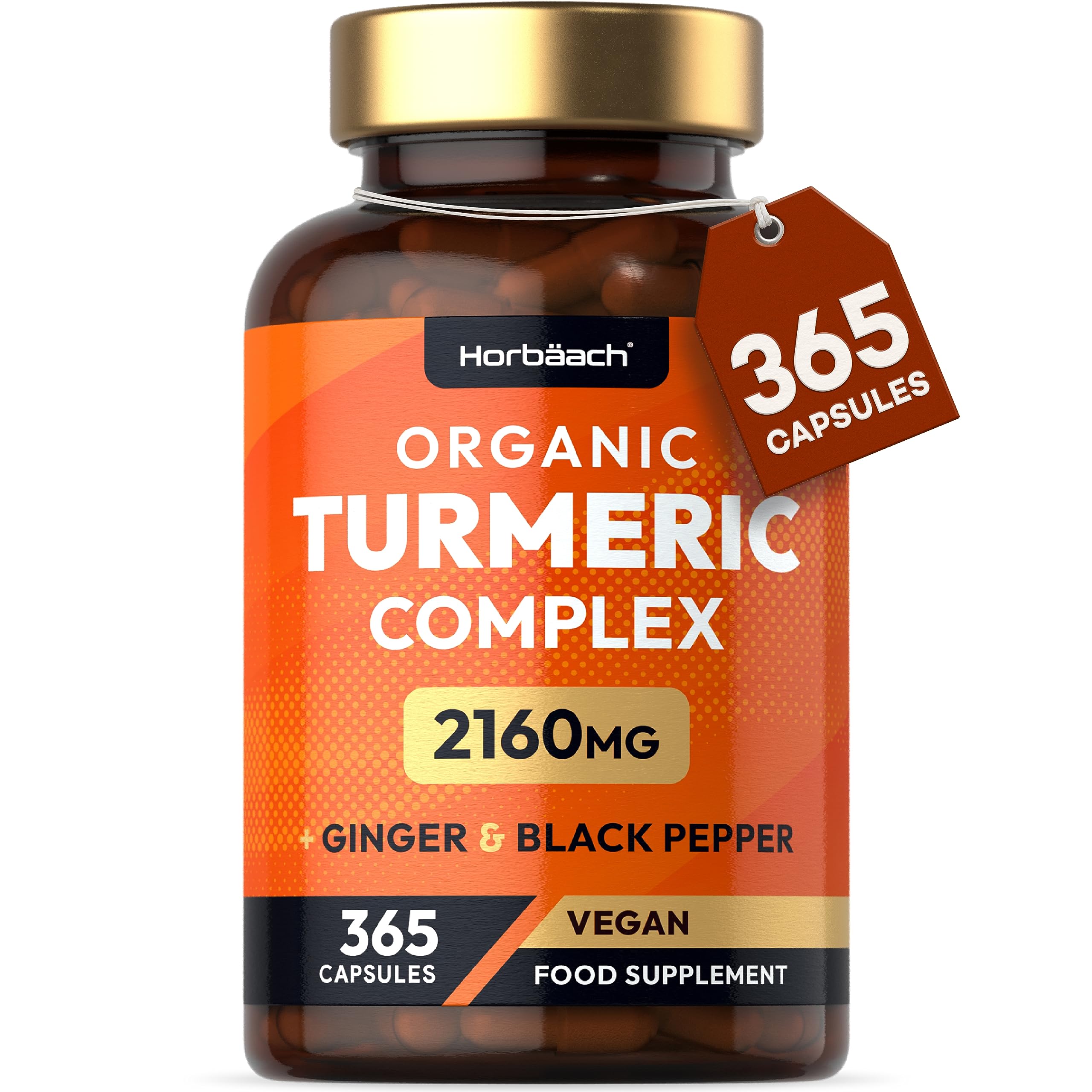 Organic Turmeric and Black Pepper 2160mg | with Added Ginger | High Strength Curcumin Capsules | 365 Vegan Capsules | Easy-to-Swallow Formula | by Horbaach