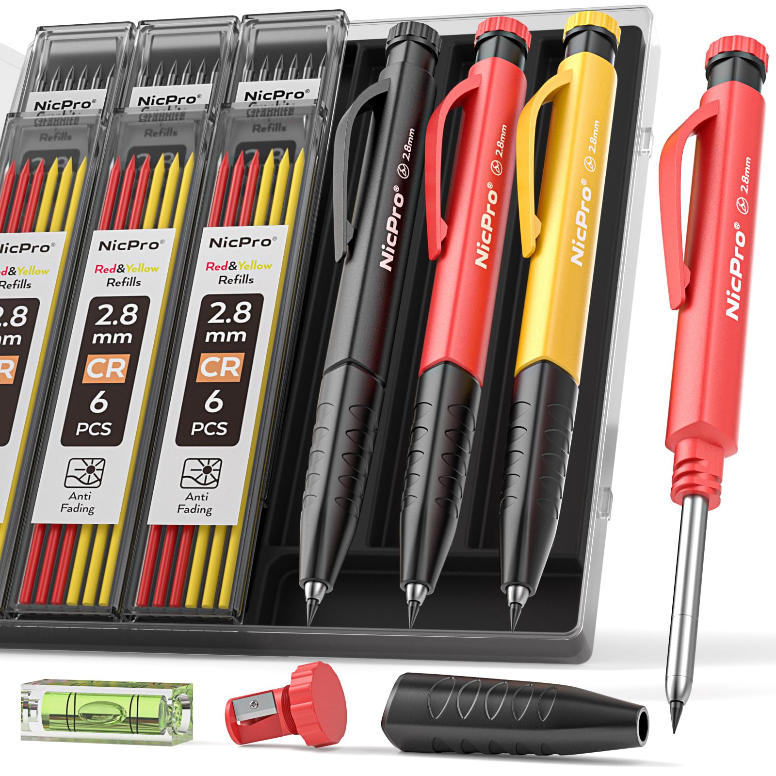 Nicpro Upgraded 3-IN-1 Carpenter Pencil Set with Finger Grip, 3Pcs Construction Pencils with 39 Refill & Mini Spirit Level, Deep Hole Marker Carpenter Tool, Mechanical Pencil for Architect Woodworking