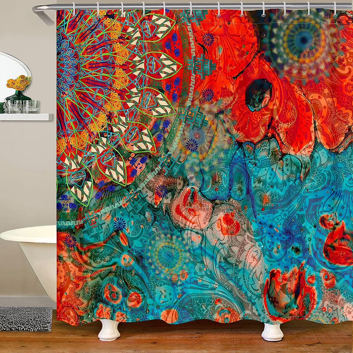 Loussiesd Boho Mandala Bathroom Fabric Shower Curtain Set Bohemian Style Shower Curtain for Hippie Mandala Bath Curtain Exotic Floral 59x71 Inch