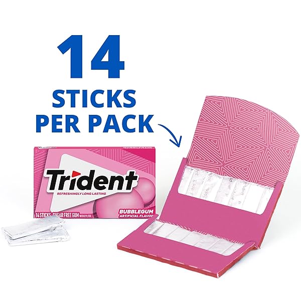 TRIDENT BUBBLEGUM SUGAR FREE GUM, TRAVEL ACCESSORIES, 12 PACKS OF 14 PIECES (168 TOTAL PIECES)