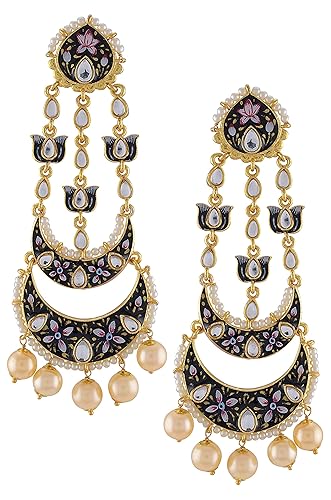 Amrapali Malya Gold Plated Black Enamelled Lotus Pearl Moon Earrings for Women (BM(EER)17-34)