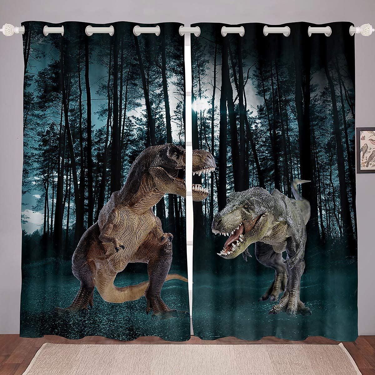 Homemissing Dinosaur Window Curtains Jungle Animals Pattern Curtains Couple Dino Wildlife Style Windows Drapes Era Of Dinosaurs Window W46*L54 — image 1