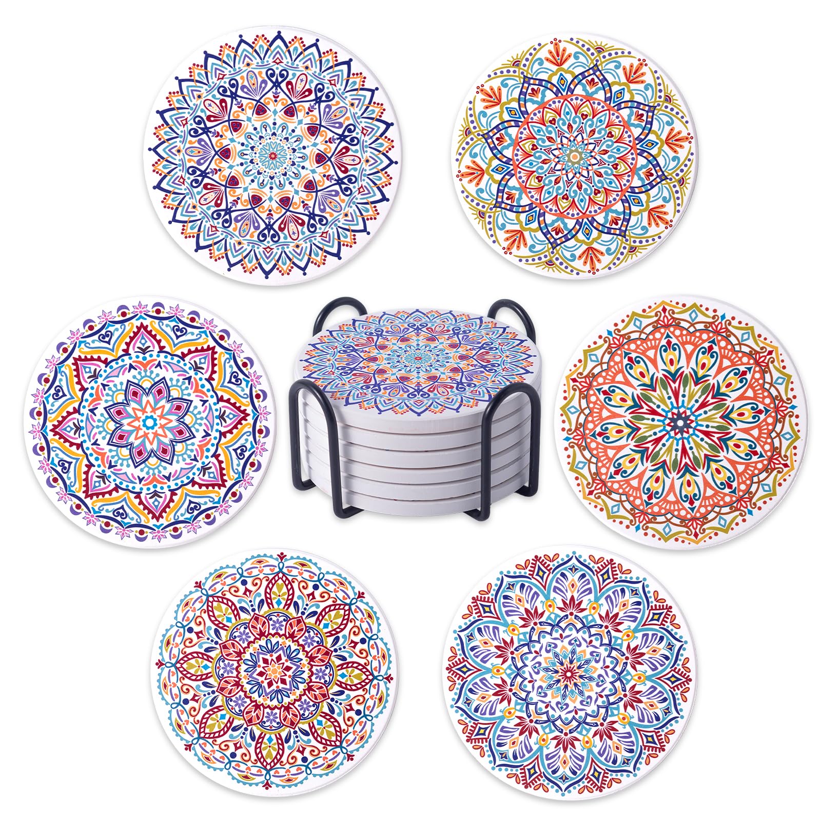 STARUBY Drink Coasters Set of 6 Ceramic Coaster Beautiful Absorbent Coaster Drink Mat with Cork Base Flower4 Patterns Round Coaster Non Slip for Coffee,Beer,Mug,Wine Glass Bottle,Home and Bar
