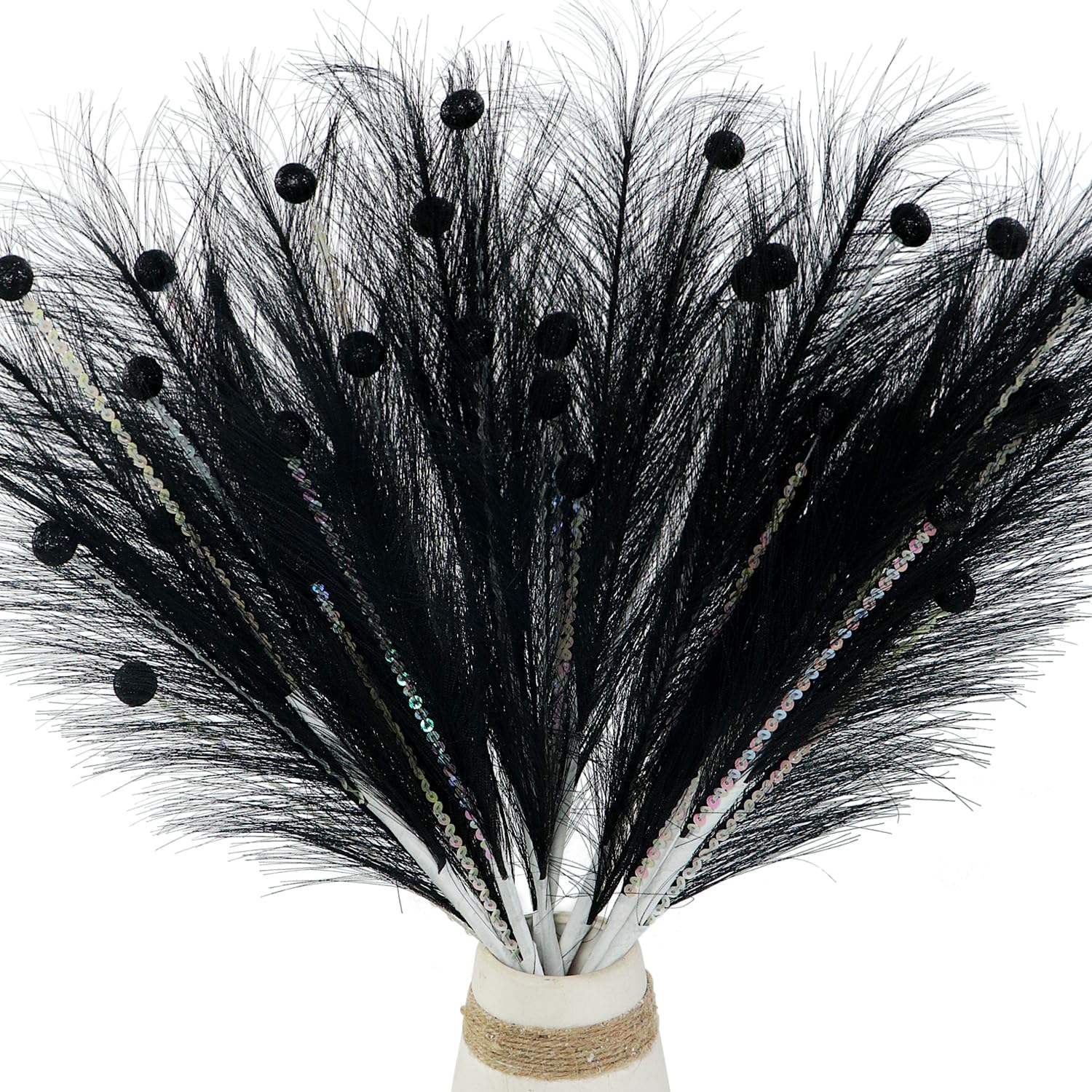 Pack of 4 Christmas Feather Sequins Berries Picks, 40cm Christmas Tree Large Feathers Glittering Sequins Berries Decorations for Xmas Decor Crafting Home Decorative Vase filling (Black)