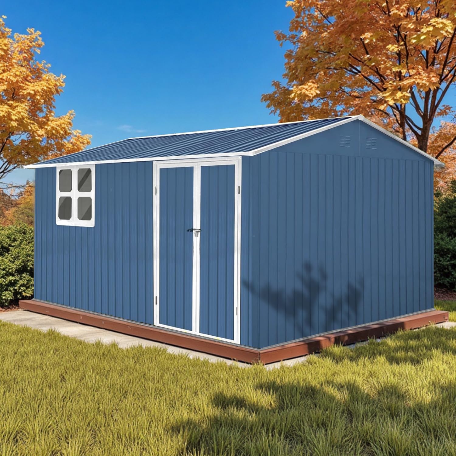 Photo 1 of 12' x 10' XL Outdoor Storage Shed, Sturdy Metal Building w/Windows & Lockable Doors for Garden, Backyard, Poolside and Lawn, Blue+White