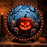 Lighted Halloween Decorations Battery Operated, Halloween Pumpkin Skull Decor with Light and Sound Effects, LED Spooky Tabletop or Wall Hanging Decoration for Home Party Indoor Display