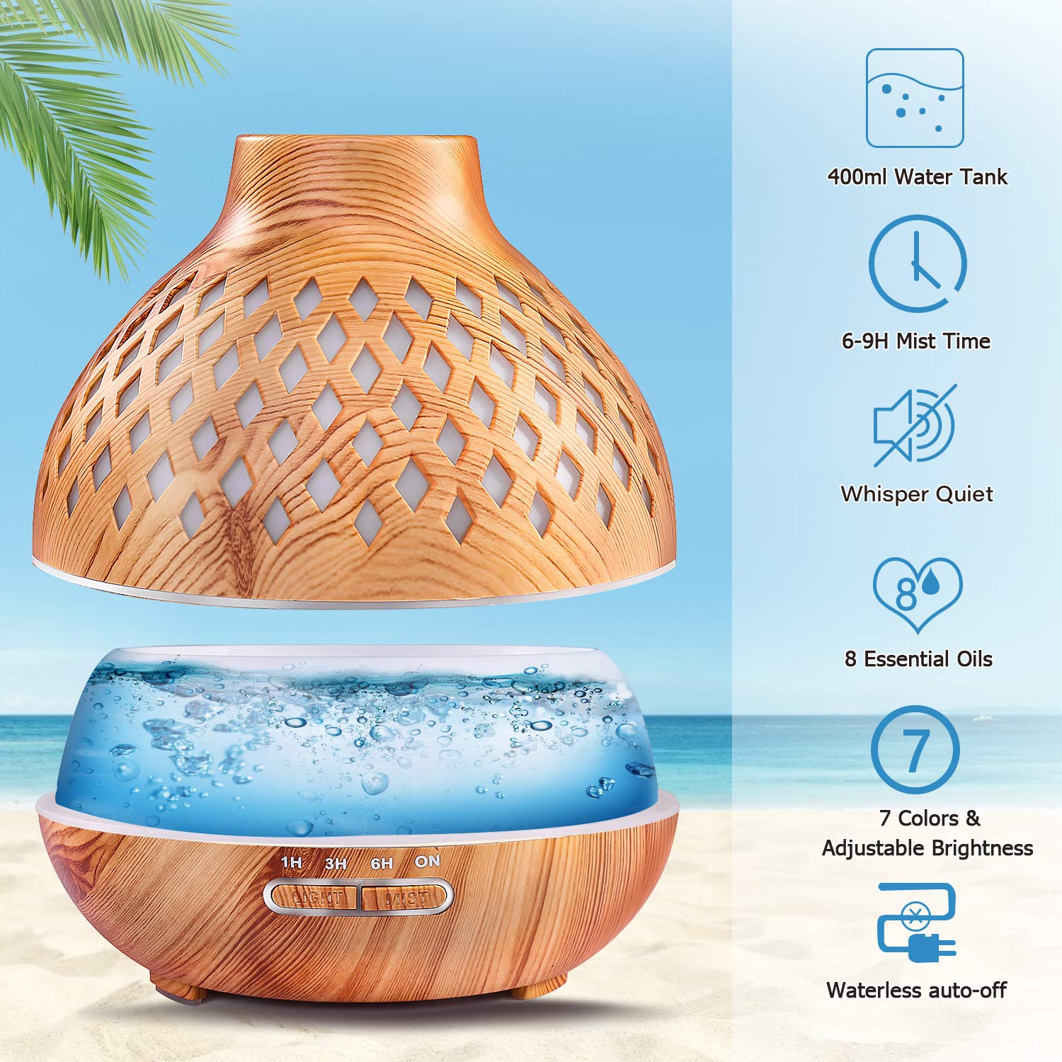 Essential Oil Diffuser with Oils, VSADEY 400ml Aromatherapy Diffuser with 8 Essential Oils Set, Diffusers for Essential Oils with 4 Timer & 7 Ambient Light Settings, Auto Shut-Off : Beauty
