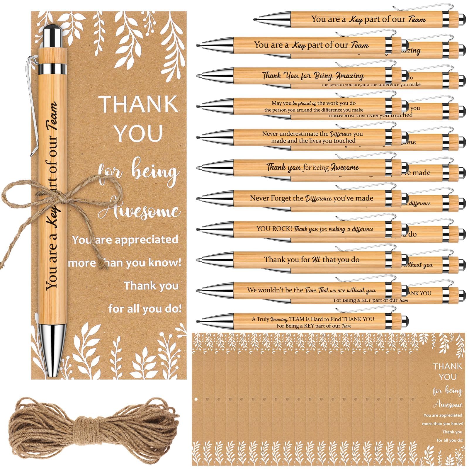 WWmily 20 Sets Employee Appreciation Gifts Bulk Bamboo Ballpoint Pens Inspirational Personalised Thank you Cards Twine Quotes Encouraging Pen for Colleagues Coworker Teacher Nurses Volunteer