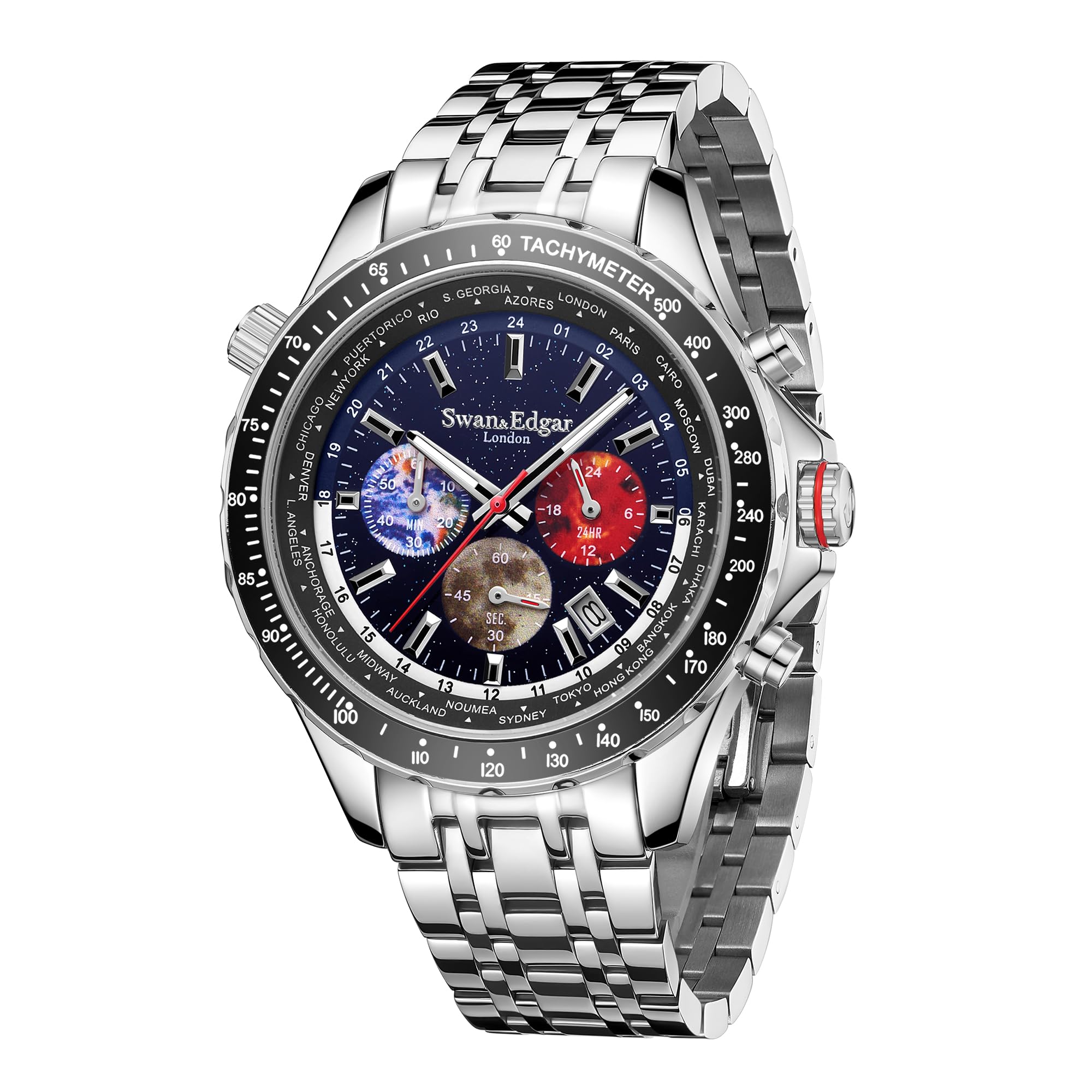 SWAN AND EDGAR World Timer Mechaquartz Chronograph Designer Watch for Men with Saphire Glass, Hand Assembled 30m Water Resistant Analogue Men's Watch with 5 Years Warranty
