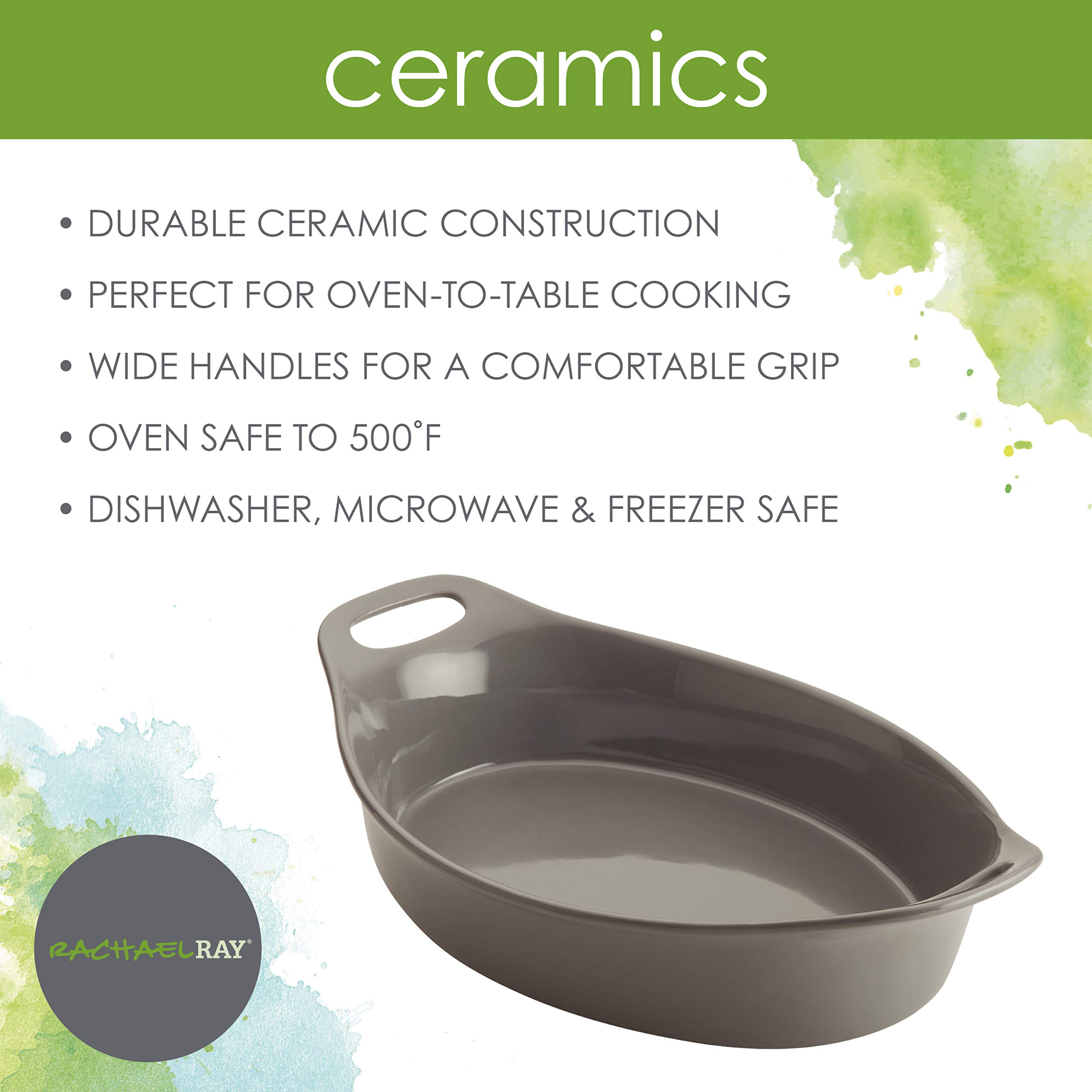 Rachael Ray Solid Glaze Ceramics Bakeware / Baking Pan, Oval - 2.5 Quart, Gray