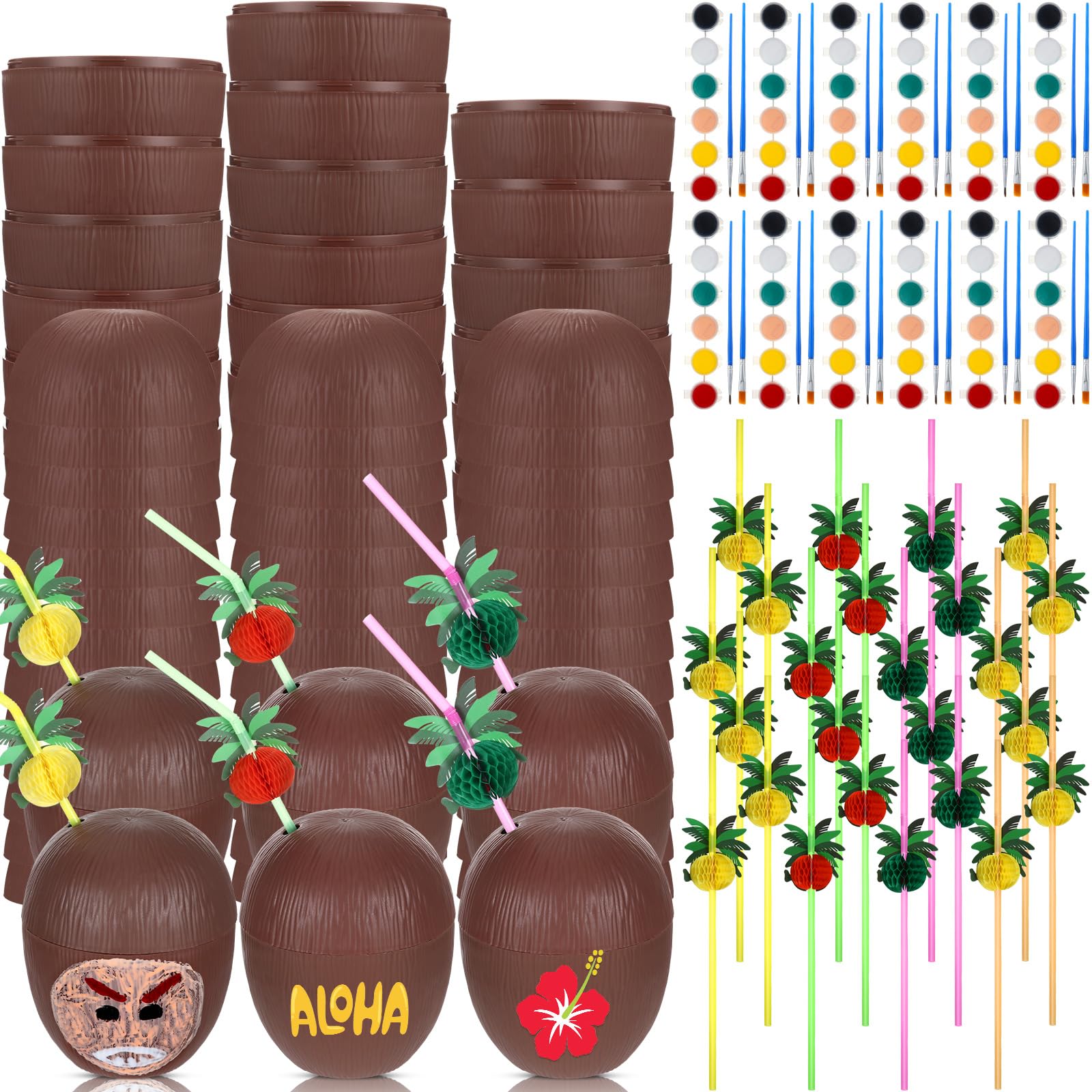 Photo 1 of Yungyan DIY Coconut Cups Set Include 24 Pcs Coconut Cups 24 Straws and 12 Mini Acrylic Paint, Create Your Own Personalized Mug Kit for Hawaiian Luau Birthday Tiki Summer Beach Party Decorations