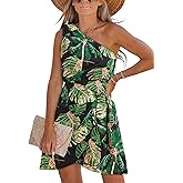 CUPSHE Women's One Shoulder Leaf Print Self-tie Short Dress Sleeveless Tiered Hem Formal Dress Casual Mini Dress