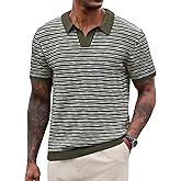 Herberton Men V Neck Polo Knit Striped Heavyweight Casual Poloshirts Summer Short Sleeve Shirt (S-XXL)