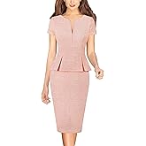 VFSHOW Womens Work Business Office Front Zipper Peplum Bodycon Dresses Elegant Short Sleeve Slim Church Pencil Sheath Dress