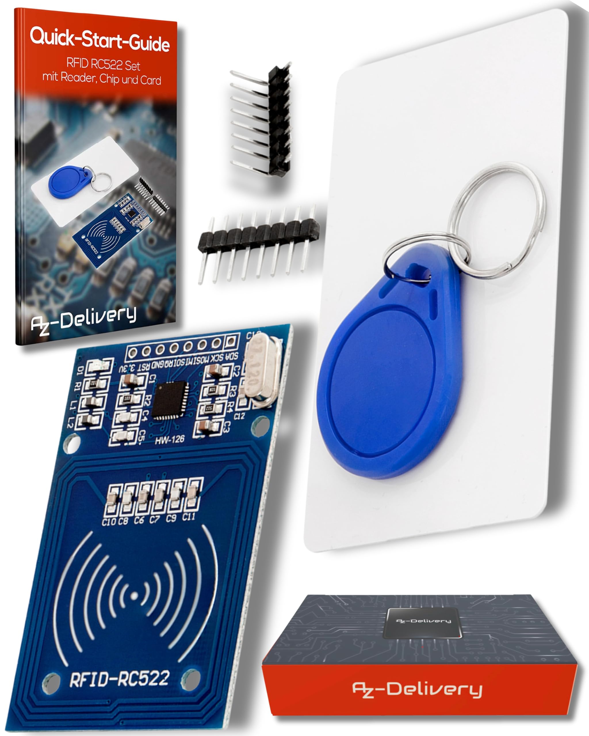 AZDelivery RFID Kit - MFRC522 Compatibel with RC522 RF IC Card Reader Sensor Module, RFID Chip Key Ring and S50 Card 13.56MHz I2C IIC SPI, Compatible with Arduino and Raspberry Pi including E-Book!