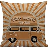 Ayxvt Here Comes The Sun Boho Vintage Floral Bus Retro Hippie Orange Sun Sunshine Reversible Throw Pillow Cover for Home Living Room Girls Room,Gifts for Women Teen Girls Teens,18x18 inches