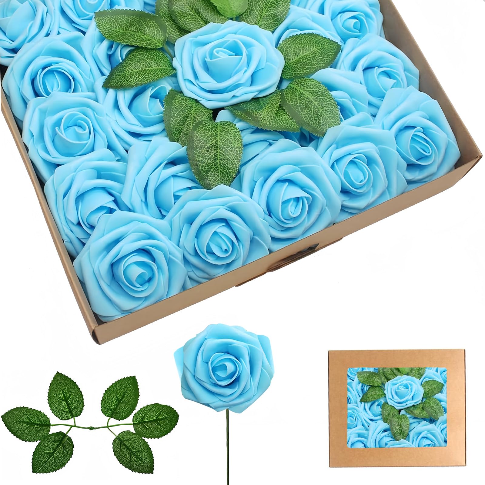 25Pcs Sky Blue Artificial Roses, Real Touch Foam Roses with Stems, 4 Leaves, Artificial Flowers for Wedding, Bridal Bouquets, Cake, Grave Stone, Table Centerpieces, Baby Shower, Funeral Decoration