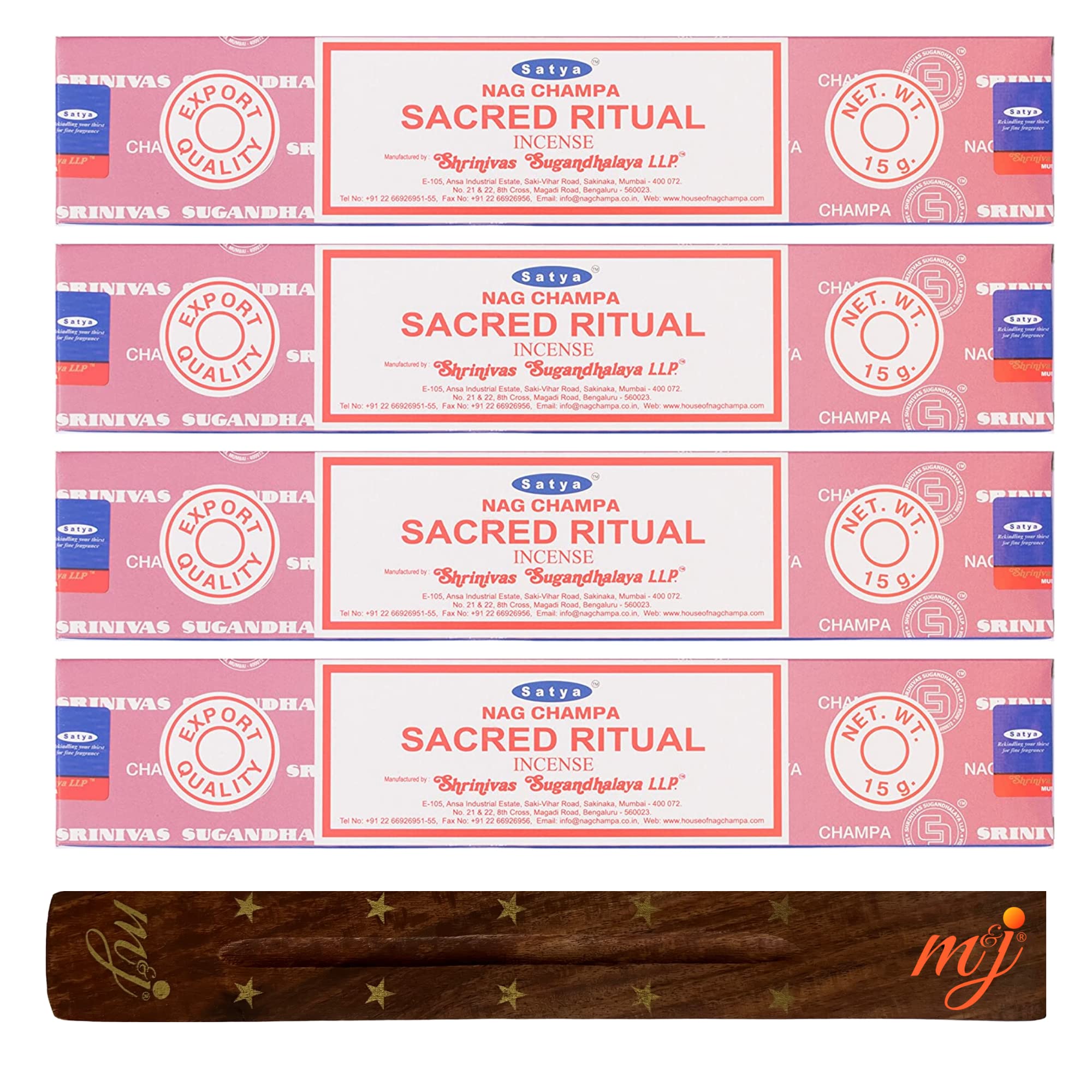 Original Satya Nag Champa Sacred Ritual Incense Sticks | with M&J incense sticks holder | x4 pack | for Aromatherapy, Spa, Yoga, Weddings, Meditation, Healing, Positivity and Relaxation — image 1