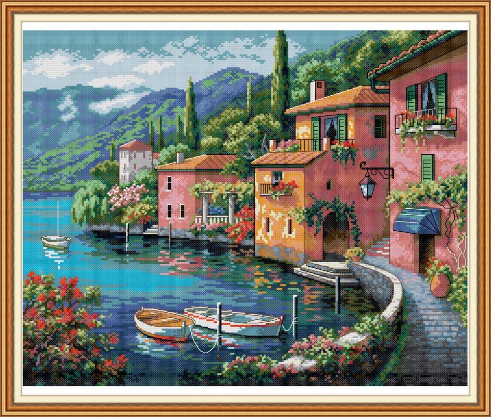 OWN4B Cross Stitch Kits Stamped, Colorful House by The Water Printed Pattern 11CT 26.0x22.0 inch DIY Embroidery Kit