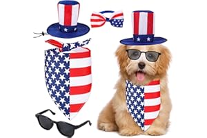 BEIPEGIN 4PCS 4th of July Dog Bandanas with Uncle Sam Hat Sunglasses and American Flag Bow Tie for Dogs Cats Puppy Kitten