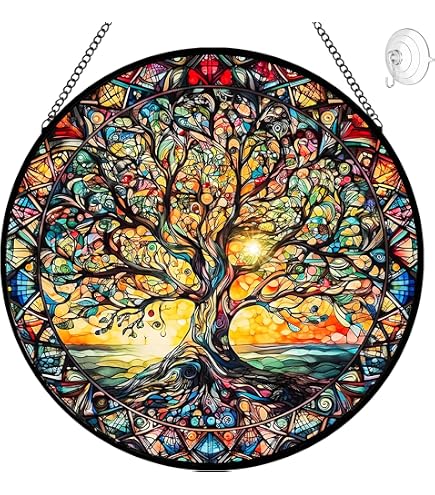 JUNWALL Large Tree Acrylic Window Hanging, Sunrise Plants Lake Stained Acrylic Window Decor Hanging Ornaments Indoor Outdoor Garden Stained Art Panel Gift For Women Christmas Thanksgiving
