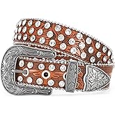WERFORU Western Rhinestone Leather Belt,Cowgirl Cowboy Bling Belt For Jeans With Silver Vintage Western Buckle