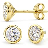GEMQUEEN Bezel Moissanite Stud Earrings 925 Sterling Silver, 0.6-1.6CT | 18K Gold Plated Moissanite Stud Earrings for Women Men Hypoallergenic Brilliant Round Cut, D Color VVS1 Clarity