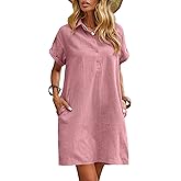 Zeagoo Womens Cotton Shirt Dress Summer Casual Short Sleeve Button Down Beach Cover Up Shirts with Pockets