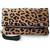 Leopard Zipper Foldover Clutch Envelope Purse Women Cross body Bag with Chain Strap
