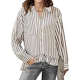 Flamingals Women's Striped Button Down Blouses Long Sleeve Collar Neck Ruffle Hem Pockets Shirts Tops Beige & White