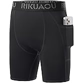 RIKUAOU Youth Boys Compression Shorts with Side Pockets, Kids Athletic Base Layers Running Underwear for Baseball Football
