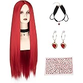 Yan Dream Women's Extra Long Straight Red Wig 36inch Middle Part Red Wig with Choker Earrings for Party Cosplay