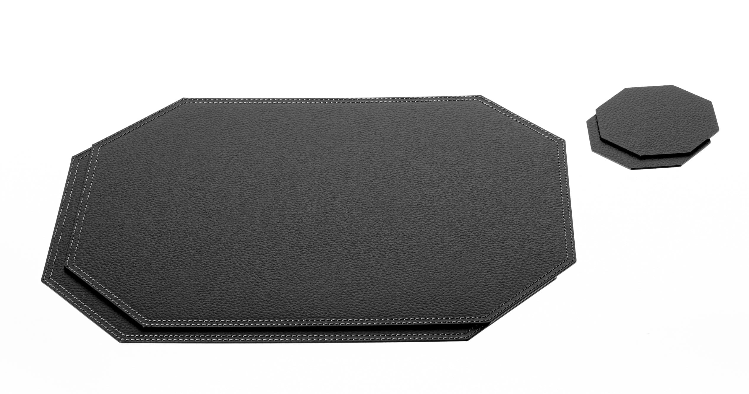 Nikalaz Octagon Placemats and Coasters Set of 2, Recycled Leather Place mats, Table mats, placemats 40*30cm, coasters 10*10cm (Black)