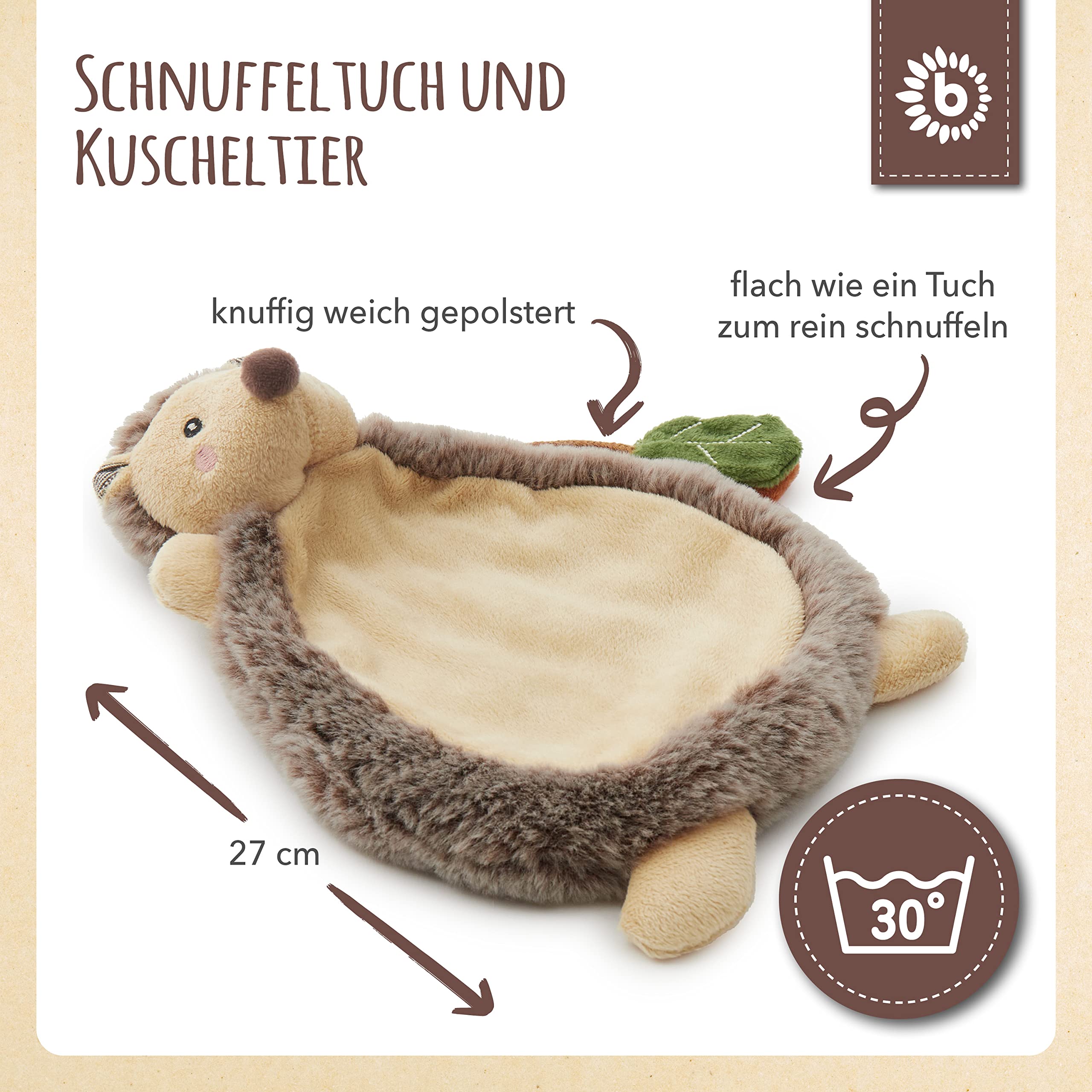 Bieco Baby-Igel Kuscheltier | Süßes Waldtiere-Geschenk aus Baumwolle | Schnuffeltuch und Schmusetuch mit Knister-Spielzeug 3