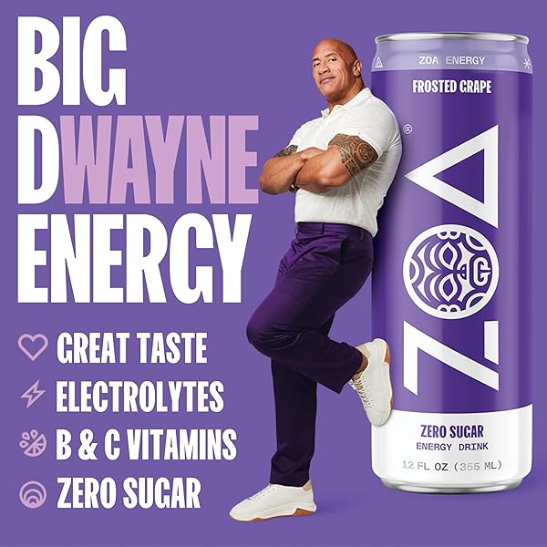 ZOA ZERO SUGAR ENERGY DRINKS, FROSTED GRAPE – SUGAR FREE WITH ELECTROLYTES, HEALTHY VITAMIN C, AMINO ACIDS, ESSENTIAL B-VITAMINS, AND CAFFEINE FROM GREEN TEA – 16 FL OZ (12-PACK)