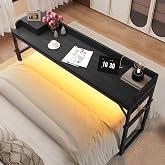 HOOBRO Overbed Table with Wheels, Rolling Table with Outlets &amp; Light Strip for Queen Bed, Mobile Bed Desk &amp; Drawer and Adjustable Height, Giant Computer Desk for Living Room, Black BB180UDDN01