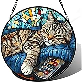 DASTOLL Stained Glass Window Hanging Gray Cat and Remote Control 9.8" - Suncatcher Door Garden Kitchen Sun Catcher Home Decor Birthday for Lost Pets Mom Men Woman Friend Grandma