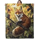 Lugiu Pretty Fox Blanket, Lightweight Comfy Golden Leaves and Purple Grapes Blankets for Couch Sofa Bedroom, Soft Plush Travel Flannel Throw Blanket Gifts for Adults Kids Women, Home Decor 60×50in