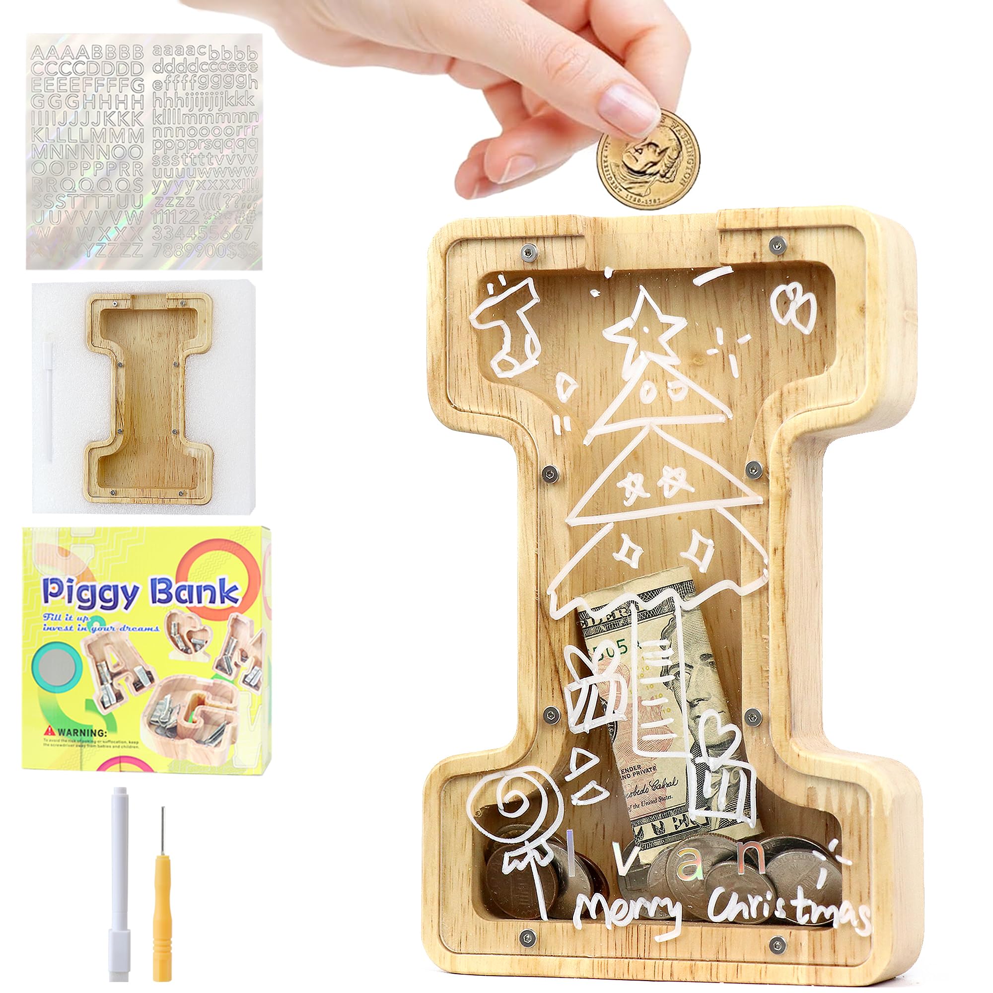 Mikytoper Money Box for Kids, Wooden Letter Piggy Banks for Kids, Personalized Money Box Clear Money Bank, Boys Girls Toddler Birthday Festival Gift (I)