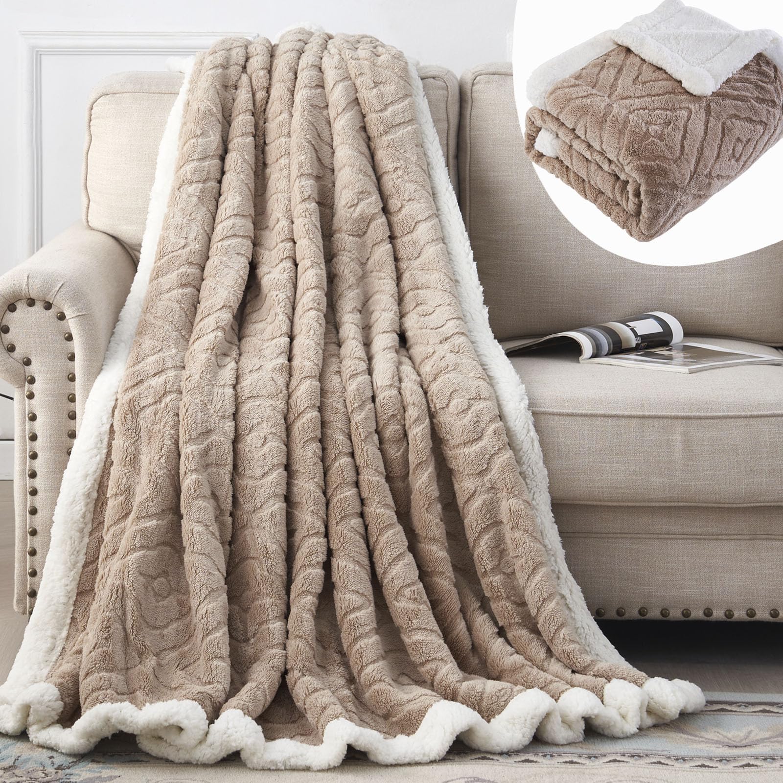 EAQ Sherpa Fleece Throw Blanket Fleece Blanket for Adults, Soft Thick Warm Blanket Fluffy Blanket Throw for Sofa, Bed and Couch (BEIGE, 130x150cm)