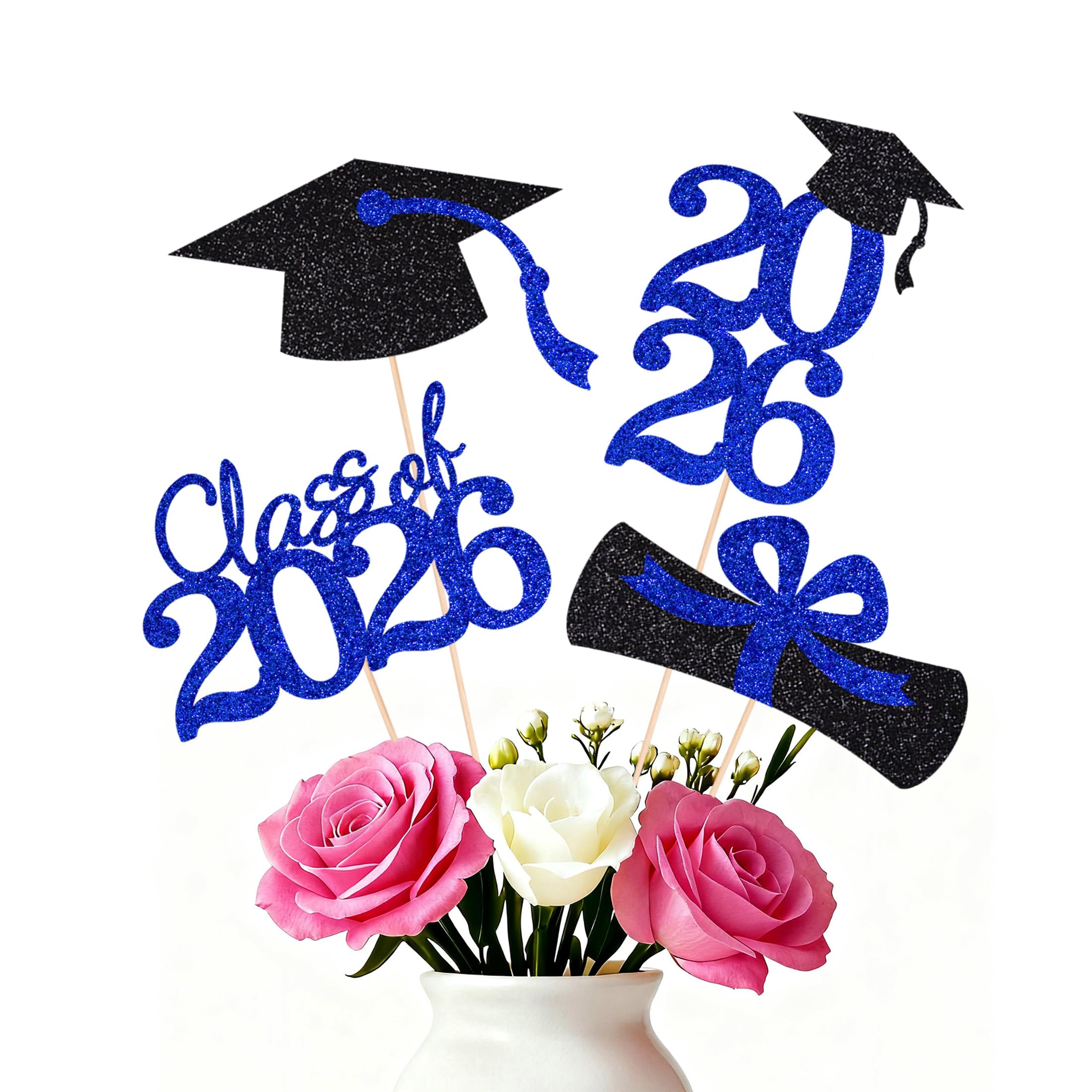 Double-sided 16 PCS Graduation Cake Toppers – Blue Class of 2026 Centerpieces Picks for Graduation Theme Party Decorations Supply