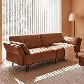 HMHKHN 83" Leather Futon Sofa Bed with Adjustable Arms &amp; Back (Brown) | Faux Leather Couch with Side Pockets, Throw Pillow, Mid-Century Modern, Ideal for Living Room, Apartment, Home Office