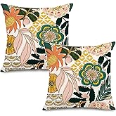 Jartinle Boho Floral Outdoor Pillow Covers 18x18 Waterproof Set of 2 Blooming Flower Leaves Pattern Porch Pillow Covers for Patio Furniture