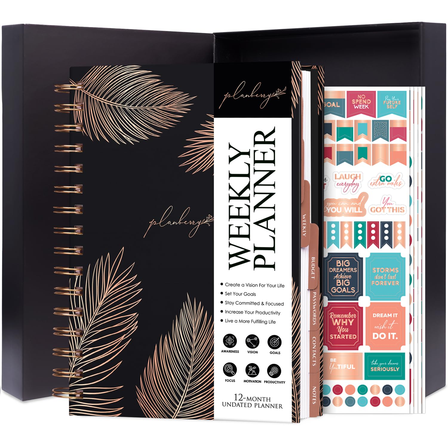 PLANBERRY Weekly Planner – Elegant Life & Budget Planner to Hit Your Goals & Live Happier – Organizer & Productivity Journal – 17.5 x 21.5cm Hardcover, Undated + Stickers (Onyx Black)