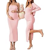 QUNISY 2 Piece Maternity Dress Cardigan Set, Strapless Bodycon Maxi Tube Dresses Long for Baby Shower Photoshoot Formal